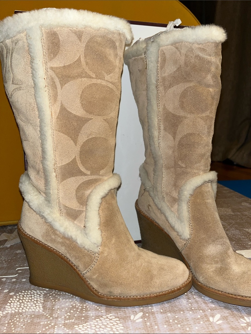 Coach Jordana Suede Shearling Wedge Boots